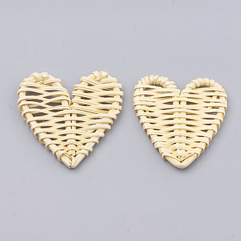 Handmade Spray Painted Reed Cane/Rattan Woven Beads, For Making Straw Earrings and Necklaces, Dyed, Pearlized Effect, Heart, No Hole/Undrilled, Lemon Chiffon, 51~58x47~57.5x5~6mm