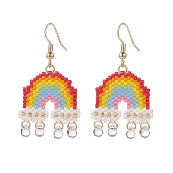 Glass Seed Rainbow with Teardrop Dangle Earrings, Brass Wire Wrap Drop Earrings for Women, Colorful, 45mm, Pin: 0.9mm