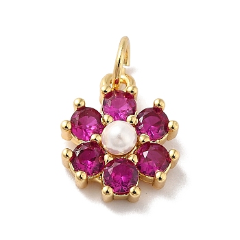 Rack Plating Brass Micro Pave Cubic Zirconia Charms, with Pearl, Cadmium Free & Lead Free, Real 18K Gold Plated, Flower, Cerise, 12.5x10.5x4mm, Hole: 3.6mm