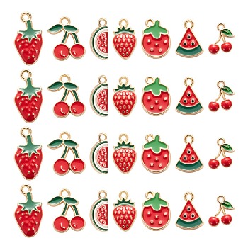 140Pcs 7 Style Light Gold Alloy Enamel Pendants, Watermelon Slice & Cherry & Strawberry, Mixed Color, 20pcs/style