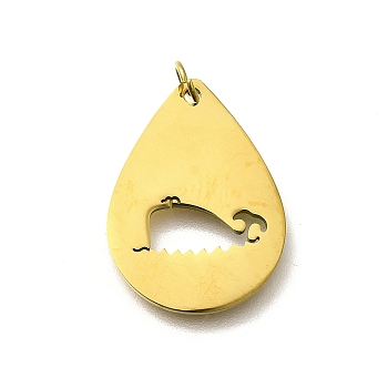 304 Stainless Steel Pendants, with Jump Ring, Teardrop with Shark Charm, Laser Cut, Ion Plating(IP), Real 18K Gold Plated, 20x15x1mm, Hole: 3mm