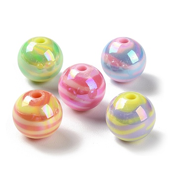 AB Color Plated Acrylic Beads, Round with Stripe, Mixed Color, 14mm, Hole: 2.8mm, about 320pcs/500g