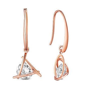 SHEGRACE Brass Dangle Earrings, with Grade AAA Cubic Zirconia, Triangle, Clear, Rose Gold, 31.5mm