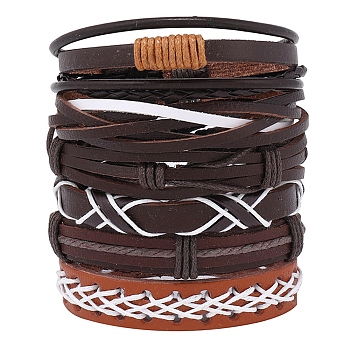 6Pcs 6 Style Adjustable Braided Imitation Leather Cord Bracelet Set with Waxed Cord for Men, Coconut Brown, Inner Diameter: 2~3-1/8 inch(5.2~8cm), 1Pc/style
