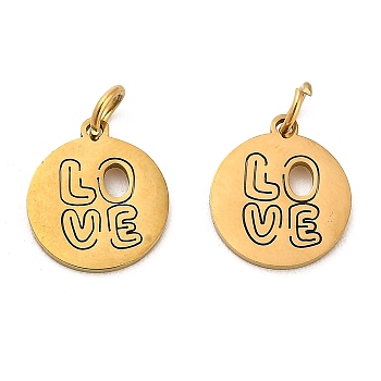 304 Stainless Steel Charms, with Jump Ring, Flat Round Charm, Laser Cut, Golden, Letter, 13.5x11.5x1mm, Hole: 3.4mm