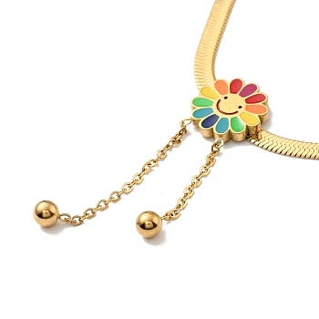 Colorful Enamel Sunflower with Tassel Pendant Necklace, Ion Plating(IP) 304 Stainless Steel Jewelry for Women, Golden, 16.06 inch(40.8cm)