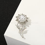 Alloy Rhinestone Brooches for Women, Sunflower Anti-emptied Sweater Shawl Corsage Pins, with Plastic Imitation Pearl, Platinum, 51x29mm(PW23091640544)