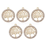 Alloy Crystal Rhinestone Pendants, Flat Round with Tree Charms, Nickel, Light Gold, 21.5x19x2mm, Hole: 1.4mm(FIND-YW0003-63)