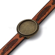 Alloy Flat Round Link Bracelet Settings fit for Cabochons, with Feather Pattern PU Leather Cords, Antique Bronze, 8 inch(20.3cm), Tray: 18x18mm(FIND-M009-01AB)