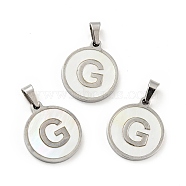 304 Stainless Steel with White Shell Pendants, Stainless Steel Color, Flat Round with Letter Charm, Letter.G, 18x16x1.5mm, Hole: 3x6mm(STAS-G268-01G-P)
