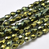 Faceted Teardrop Full Plated Electroplate Glass Beads Strands, Green Plated, 5x3mm, Hole: 1mm, about 100pcs/strand, 17.7 inch~19.6 inch(EGLA-J132-FP05)