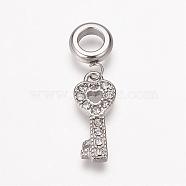 304 Stainless Steel Rhinestone European Dangle Charms, Large Hole Pendants, Key, Antique Silver, 29mm, Hole: 5mm, Pendant: 19x8x2mm, hole: 5mm(OPDL-K001-22AS)