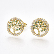 Brass Micro Pave Cubic Zirconia Ear Studs, with Ear Nuts, Flat Round, Golden, 12mm, Pin: 0.7mm(EJEW-S201-100)