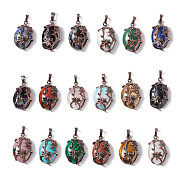 Natural & Synthetic Gemstone Pendants, with Red Copper Tone Brass Findings, Cadmium Free & Lead Free, Oval with Flower Charm, Mixed Dyed and Undyed, 33x20x9mm, Hole: 5x8mm(G-L512-F-R)