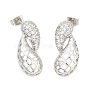 Hollow Teardrop Brass Micro Pave Clear Cubic Zirconia Dangle Stud Earrings, Long-Lasting Plated, Cadmium Free & Lead Free, Platinum, 28x12.5mm(EJEW-Q785-16P)