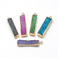 Natural Druzy Agate Pendants, with Brass Findings, Dyed, Rectangle, Golden, Mixed Color, 39~44x9~12x8~15mm, Hole: 1.8mm(G-Q499-M)