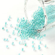 11/0 Grade A Transparent Glass Seed Beads, Inside Color, AB Color Plated, Light Sea Green, 2.3x1.5mm, Hole: 1mm, about 5380/50g(X-SEED-N001-E-318)