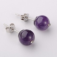 Gemstone Round Bead Ball Stud Earrings, with Glass Rhinestone and Platinum Plated Brass Post Earrings Components, Amethyst, 8mm, Pin: 0.6mm(EJEW-JE01165-03)