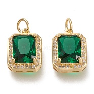 Brass Glass Charms, with Micro Pave Clear Cubic Zirconia and Jump Ring, Rectangle, Real 18K Gold Plated, Green, 14.5x10.5x5mm, Hole: 3.4mm(X-ZIRC-F116-09C-G)