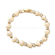 Rack Plating Iron Heart & Square Link Chain Bracelet with Clear Cubic Zirconia, Plastic Pearl Beads Bracelet for Women, Golden, Bisque, 7-5/8 inch(19.5cm)(BJEW-I300-06G)
