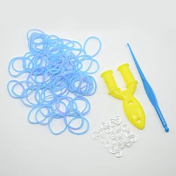 (Defective Closeout Sale), Rubber Bands Refills, with Tool and Plastic S-Clips, Sky Blue, Hook: 80x6x3mm, Tool: 25x54x7mm, Clip: 11x6x2mm, Band: 6x1mm, about 260pcs/bag(DIY-D003-01)