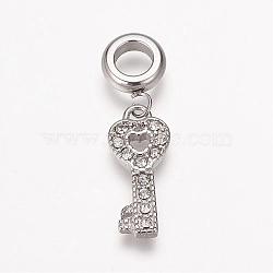 304 Stainless Steel Rhinestone European Dangle Charms, Large Hole Pendants, Key, Antique Silver, 29mm, Hole: 5mm, Pendant: 19x8x2mm, hole: 5mm(OPDL-K001-22AS)