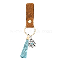 Leather Keychain, with Alloy Turquoise Findings, Tassel, Antique Bronze, 15.3cm(KEYC-TAC00014)