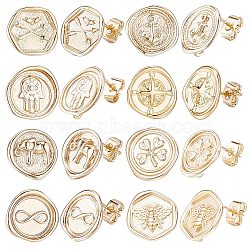 16Pcs 8 Style Brass Stud Earring Findings, with Vertical Loops & 16Pcs Ear Nuts, Arrow & Infinity & Elephant & Clover & Palm & Compass, Golden, 12.5~14x13~13.5mm, Hole: 2mm, Pin: 0.8mm, 2Pcs/style(KK-CN0001-90)
