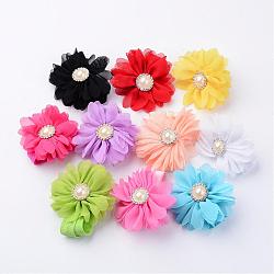 Fashionable Elastic Baby Headbands, Hair Accessories, Cloth Flower with Rhinestones and Imitation Pearl, Mixed Color, 110mm, flower: about 68mm in diameter, 10pcs/set(DIY-X0271-04)