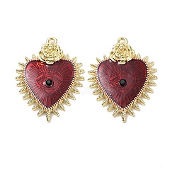 Halloween Theme Alloy Enamel Pendants, with Cubic Zirconia, Light Gold, Heart with Rose, FireBrick, 32.5x25x3.5mm, Hole: 1.7mm(X-FIND-E024-01LG-01)