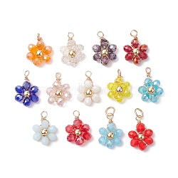 Glass Beaded Pendants, with Alloy Wire Wrapped Findings, Flower Charms, Mixed Color, 15~17x11x4mm, Hole: 2~4mm(PALLOY-JF02582)