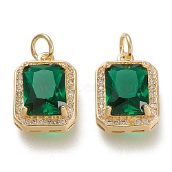 Brass Glass Charms, with Micro Pave Clear Cubic Zirconia and Jump Ring, Rectangle, Real 18K Gold Plated, Green, 14.5x10.5x5mm, Hole: 3.4mm(X-ZIRC-F116-09C-G)