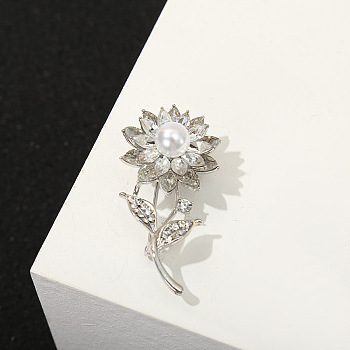 Alloy Rhinestone Brooches for Women, Sunflower Anti-emptied Sweater Shawl Corsage Pins, with Plastic Imitation Pearl, Platinum, 51x29mm