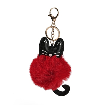 Cute Cat PU Leather & Imitate Rex Rabbit Fur Ball Keychain, with Alloy Clasp, for Bag Car Key Decoration, Red, 18cm