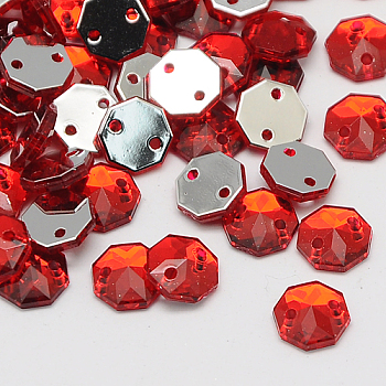 Sew on Rhinestone, Taiwan Acrylic Rhinestone, Two Holes, Garments Accessories, Faceted, Octagon, Red, 14x13x3.5mm, Hole: 1mm