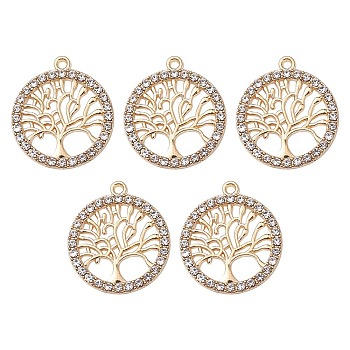 Alloy Crystal Rhinestone Pendants, Flat Round with Tree Charms, Nickel, Light Gold, 21.5x19x2mm, Hole: 1.4mm