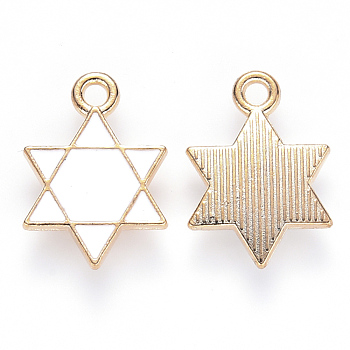 Alloy Enamel Pendants, for Jewish, Star of David, Light Gold, White, 16.5x12x2mm, Hole: 1.6mm