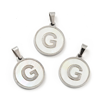 304 Stainless Steel with White Shell Pendants, Stainless Steel Color, Flat Round with Letter Charm, Letter.G, 18x16x1.5mm, Hole: 3x6mm