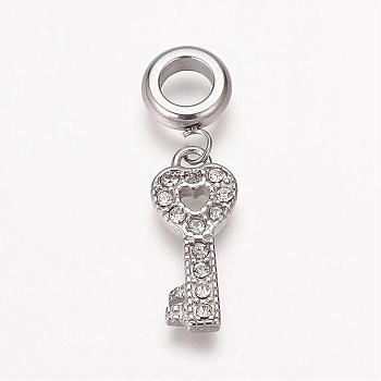 304 Stainless Steel Rhinestone European Dangle Charms, Large Hole Pendants, Key, Antique Silver, 29mm, Hole: 5mm, Pendant: 19x8x2mm, hole: 5mm