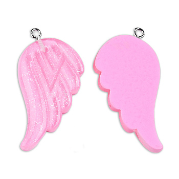 Translucent Resin Pendants, Wing Charms, with Platinum Plated Iron Loops and Glitter Powder, Pearl Pink, 41x30x4mm, Hole: 2mm