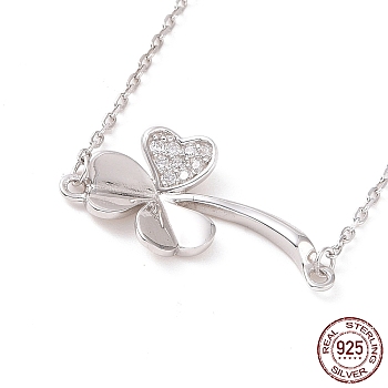 Rhodium Plated Sterling Silver Clover Pendant Necklace with Clear Cubic Zirconia for Women, Platinum, 16.14 inch(41cm)