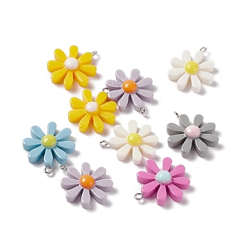 Opaque Resin Pendants, with Platinum Tone Iron Loops, Sunflower Charms, Mixed Color, 28x25x7.5mm, Hole: 2mm