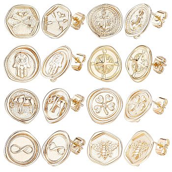 16Pcs 8 Style Brass Stud Earring Findings, with Vertical Loops & 16Pcs Ear Nuts, Arrow & Infinity & Elephant & Clover & Palm & Compass, Golden, 12.5~14x13~13.5mm, Hole: 2mm, Pin: 0.8mm, 2Pcs/style
