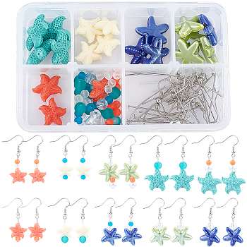 SUNNYCLUE DIY Starfish Shape Dangle Earring Making Kits, with Synthetical Coral Beads, Handmade Porcelain Beads, Glass Beads, Brass Earring Hooks, Platinum