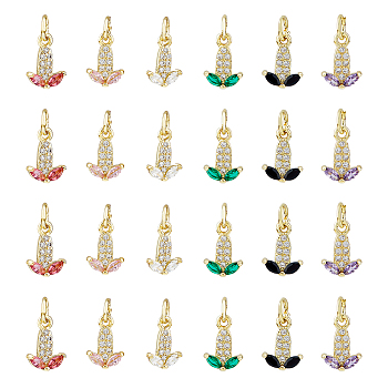 24PCS 6Colors Brass Micro Pave Cubic Zirconia Charms, Real 18K Gold Plated, Cadmium Free & Lead Free, Corn, Mixed Color, 10.5x8x2mm, Hole: 3.8mm, 4pcs/color