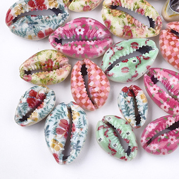 Printed Natural Cowrie Shell Beads, No Hole/Undrilled, Mixed Color, 18~31x12~22x8~9mm