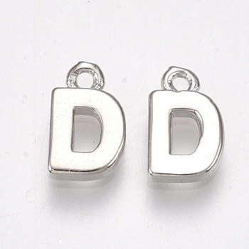 Brass Charms, Letter, Nickel Free, Real Platinum Plated, Letter.D, 8~8.5x5x1.5mm, Hole: 0.8mm