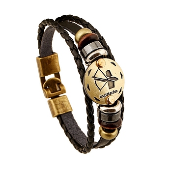 Braided Cowhide Cord Multi-Strand Bracelets, Constellation Bracelet for Men, with Wood Bead & Alloy Clasp, Sagittarius, 7-7/8~8-1/2 inch(20~21.5cm) 