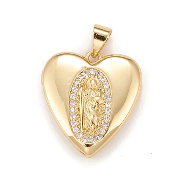 Brass Micro Pave Cubic Zirconia Locket Pendants, Photo Frame Charms for Necklaces, Real 18K Gold Plated, Lead Free & Cadmium Free, Heart with Saint, Clear, 20.5x19x5mm, Hole: 4x3mm, Inner Diameter: 12x13.5mm