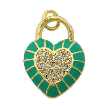 Brass Micro Pave Clear Cubic Zirconia Pendants,  with Enamel and Jump Rings, Light Gold, Cadmium Free & Nickel Free & Lead Free, Heart, Medium Sea Green, 20x15x4mm, Jump Ring: 5x1mm, 3mm